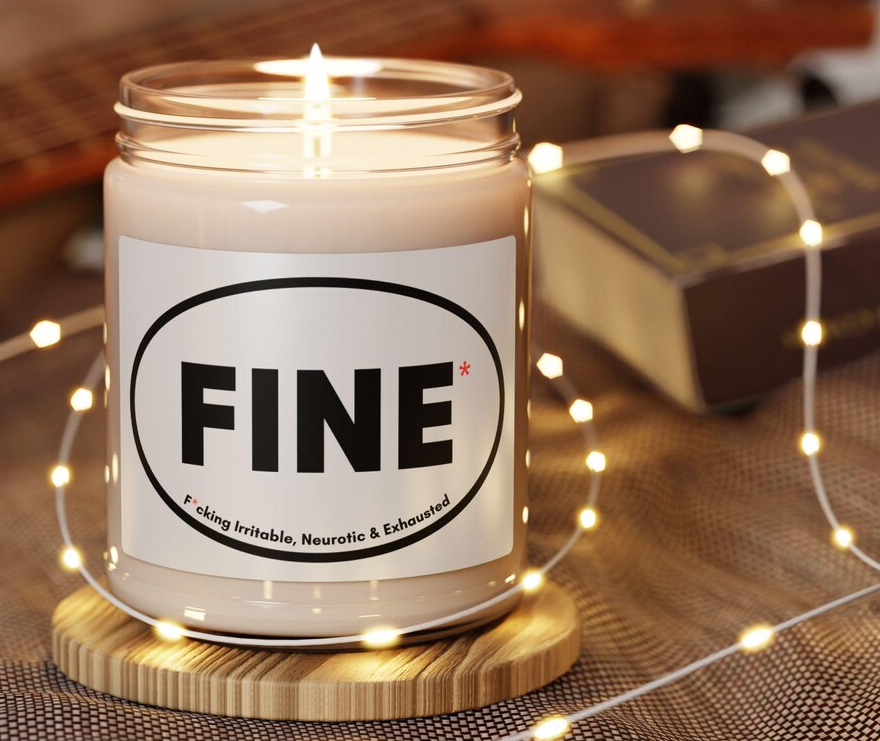Image of soy candle with "FINE" label, available to purchase through link.